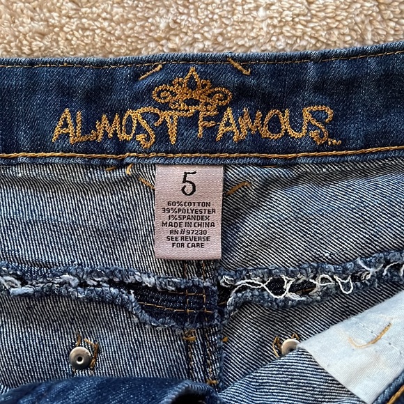 Almost Famous dark blue denim low rise shorts with some distressing. SZ 5 - Picture 3 of 3